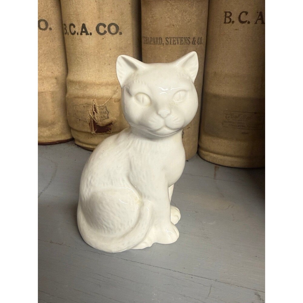Vintage White Ceramic Cat Figurine Glossy Porcelain Kitty Statue Decor Feline